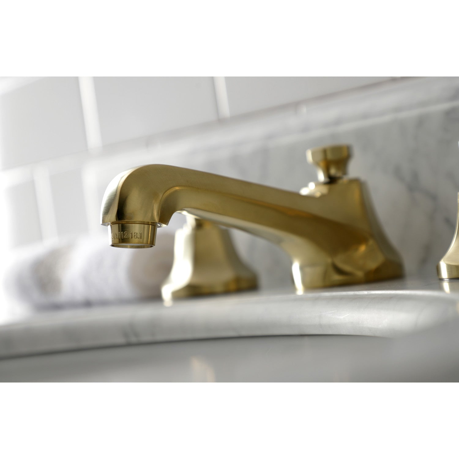 Kingston Heirloom KS4467KL - Whitaker Two-Handle 3-Hole Deck Mount Widespread Bathroom Faucet with Brass Pop-Up, Brushed Brass — thumbnail 3